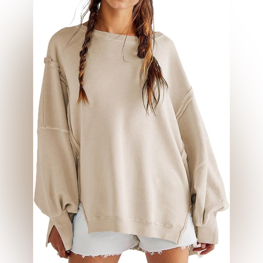 Cream Open Slit Oversize Sweatshirt Size Medium